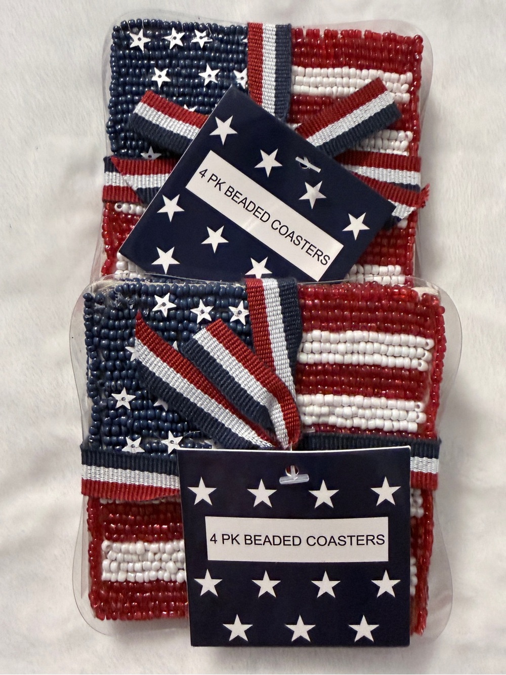 Patriotic Beaded Coasters - Red White Blue (4 Pack) - Set of 2